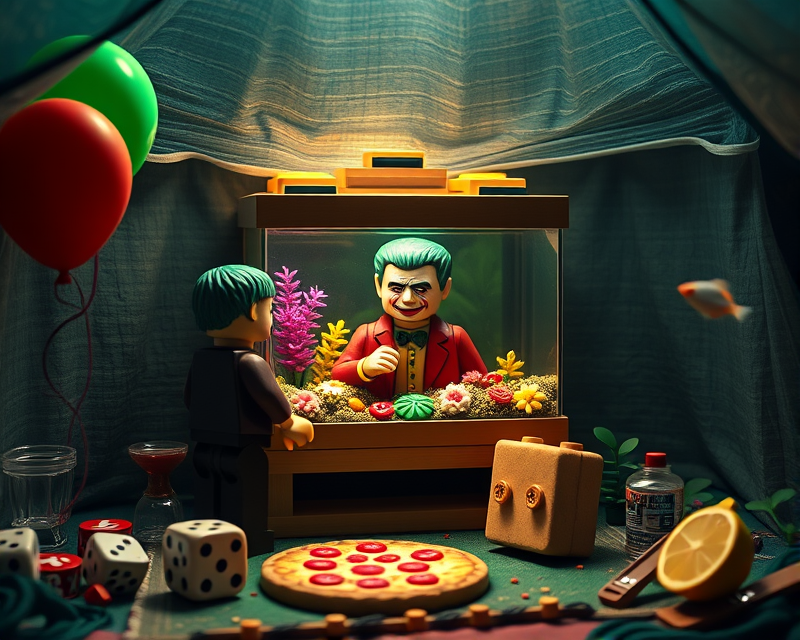 lego, balloon, fish tank, tent, pizza, gingerbread, dice, frankenstein, lemon, joker